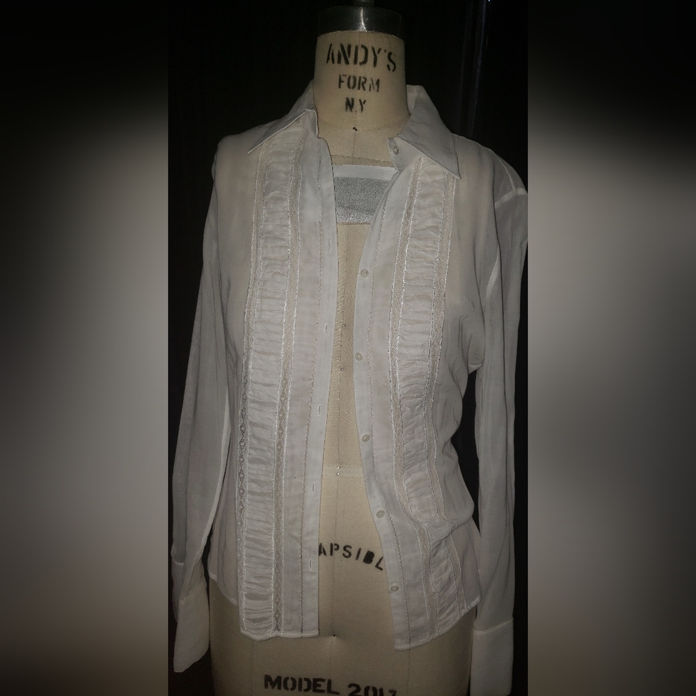 Elie Tahari white 100% cotton semi sheer fitted tailored ruffle blouse top M - Picture 4 of 9